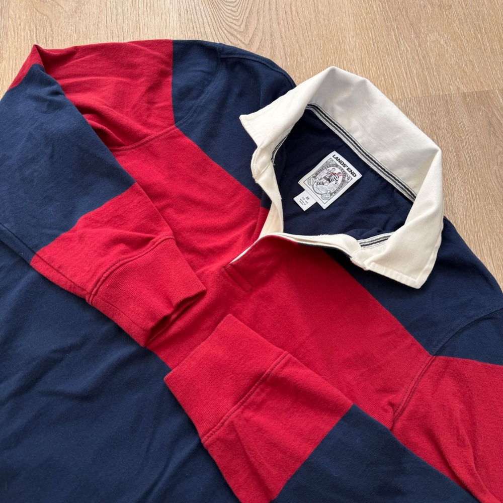 Lands End Striped Rugby Shirt Mens Medium Navy Blue Red Long Sleeve Cotton